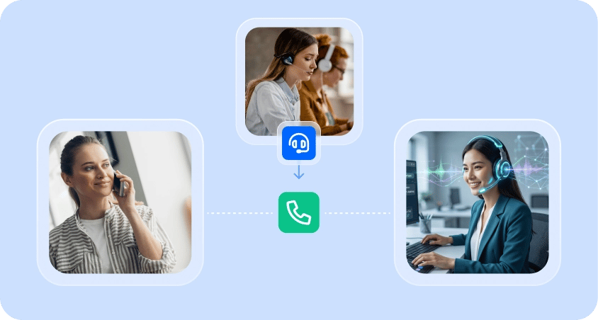 AI voice agent routing a live call between a customer and a human agent