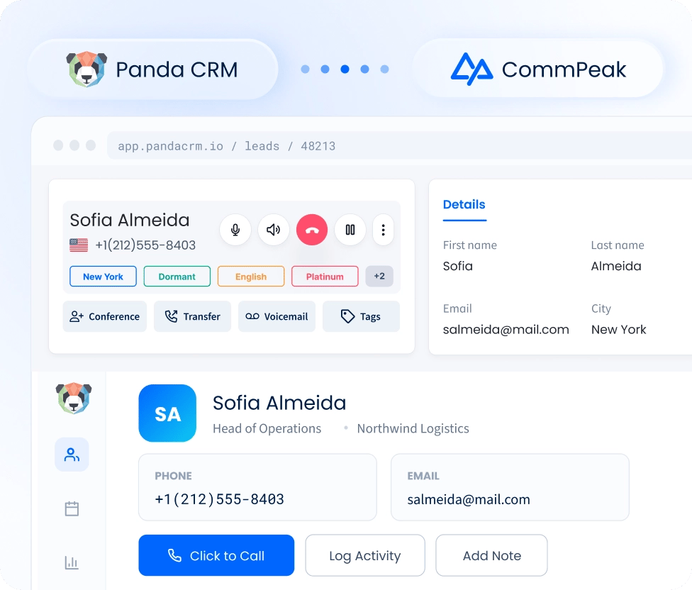 CommPeak Dialer agent list beside a connected Panda CRM panel showing client records and call history
